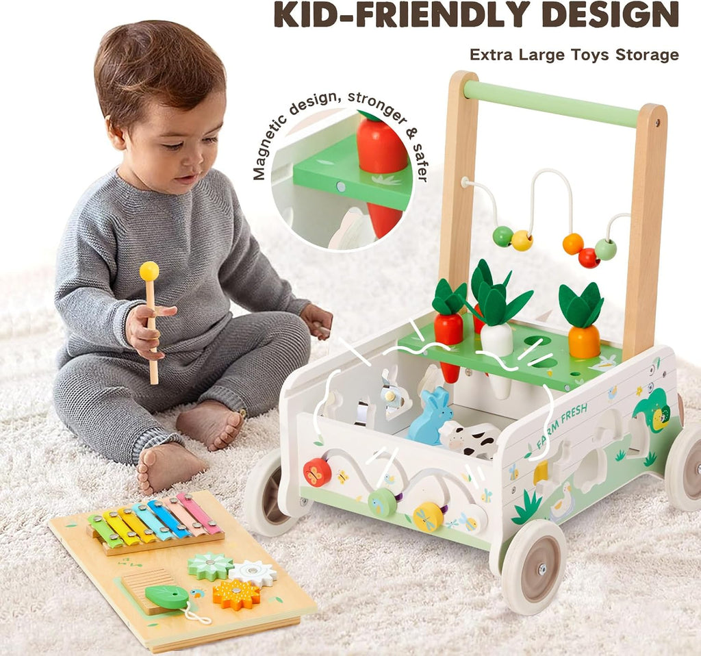 Wooden Baby Walker, Baby Push Walker with Wheels, Adjustable Speed