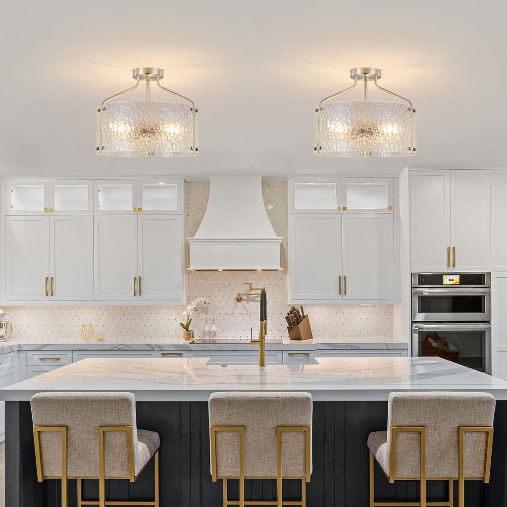 Semi Flush Mount Ceiling Light Fixture Glass Drum Chandelier Entryway Light Fixture 16''Brushed Nickel Flush Mount