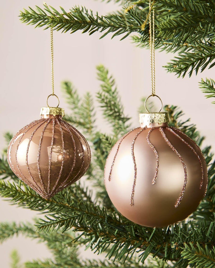 Rose Gold Glass Christmas Baubles Set of 20, Shiny Matt Glitter Ornaments