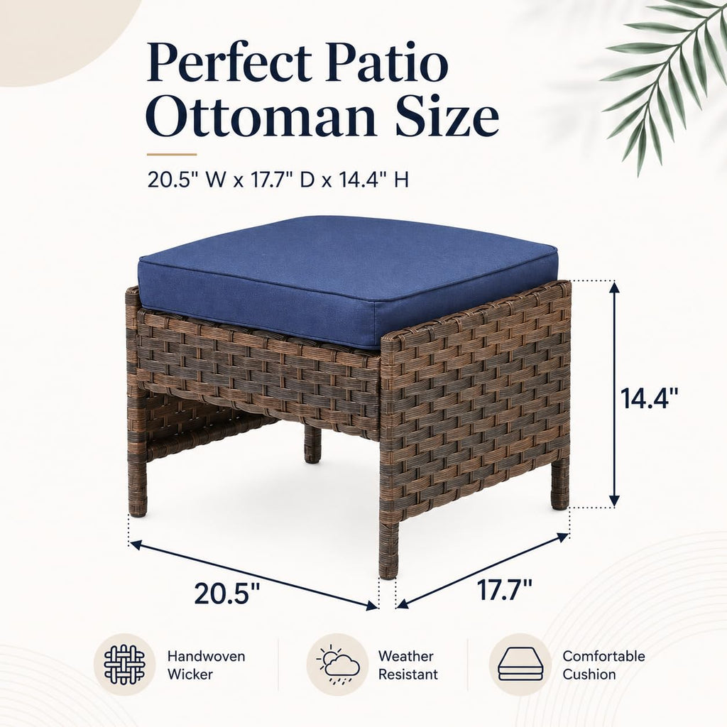 2-Piece Outdoor Wicker Ottomans with Cushions, Blue