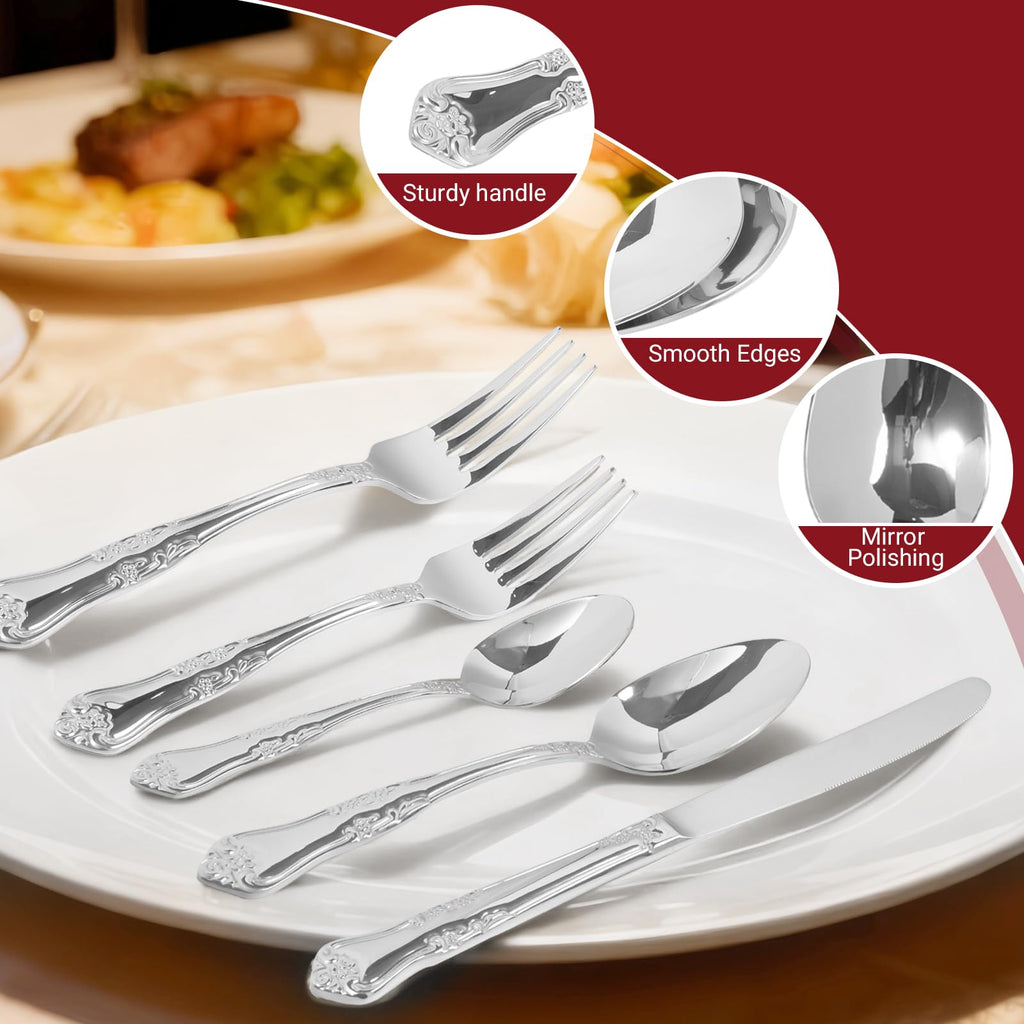 Silverware Set, 20-Piece Stainless Steel Flatware Set with Floral Handles, Included Knife Spoon and Fork, Mirror