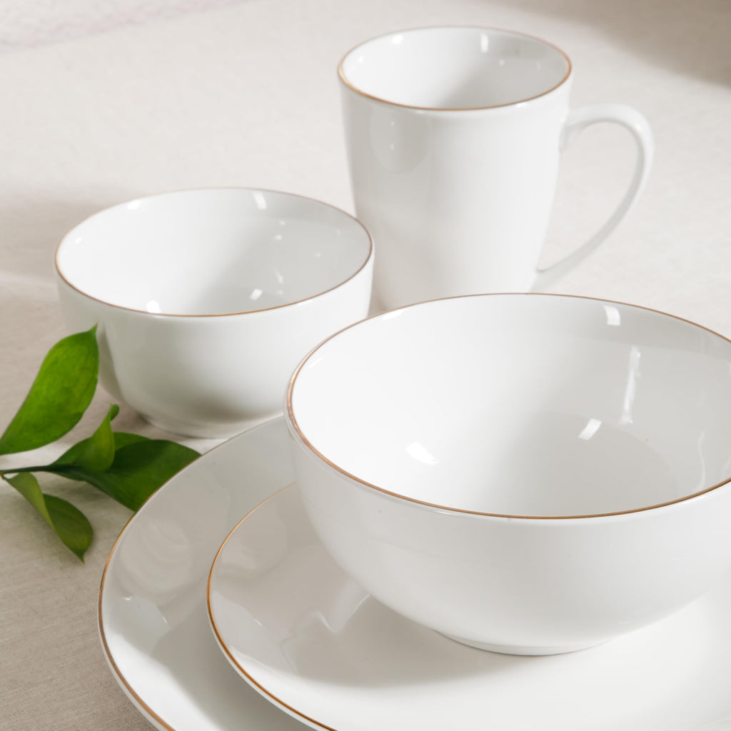 Ogalla 30 Piece Plates, Bowls, & Mugs Dinnerware Set - Service for 6 - White Porcelain W/Gold Band