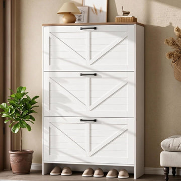 Shoe Cabinet, 3 Flip Drawers & Adjustable Shelves, Ultra Slim Freestanding (9.1" Deep), Holds 30 Pairs, Narrow Shoe
