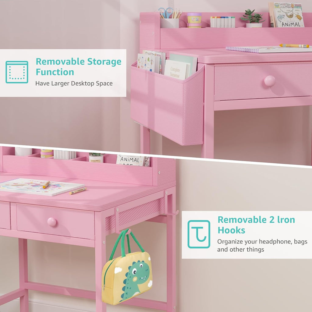 Pink Kids Desk and Chair Set for 5-8 Year Old, Small Child Desk with Fabric Drawer, Children Study Table with Storage