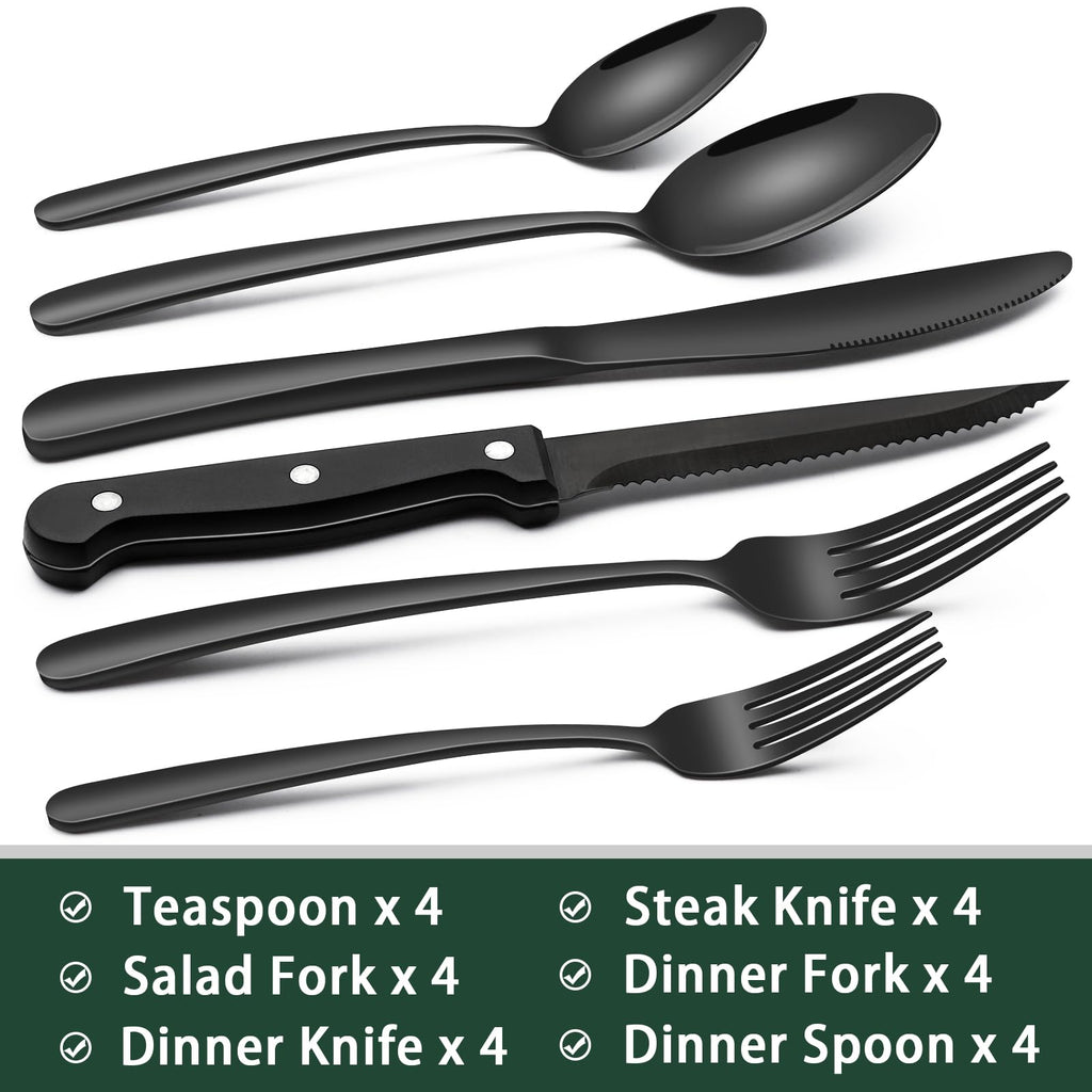 24-Piece Black Silverware Set with Steak Knives, Black Flatware Set for 4, Food-Grade Stainless Steel Tableware