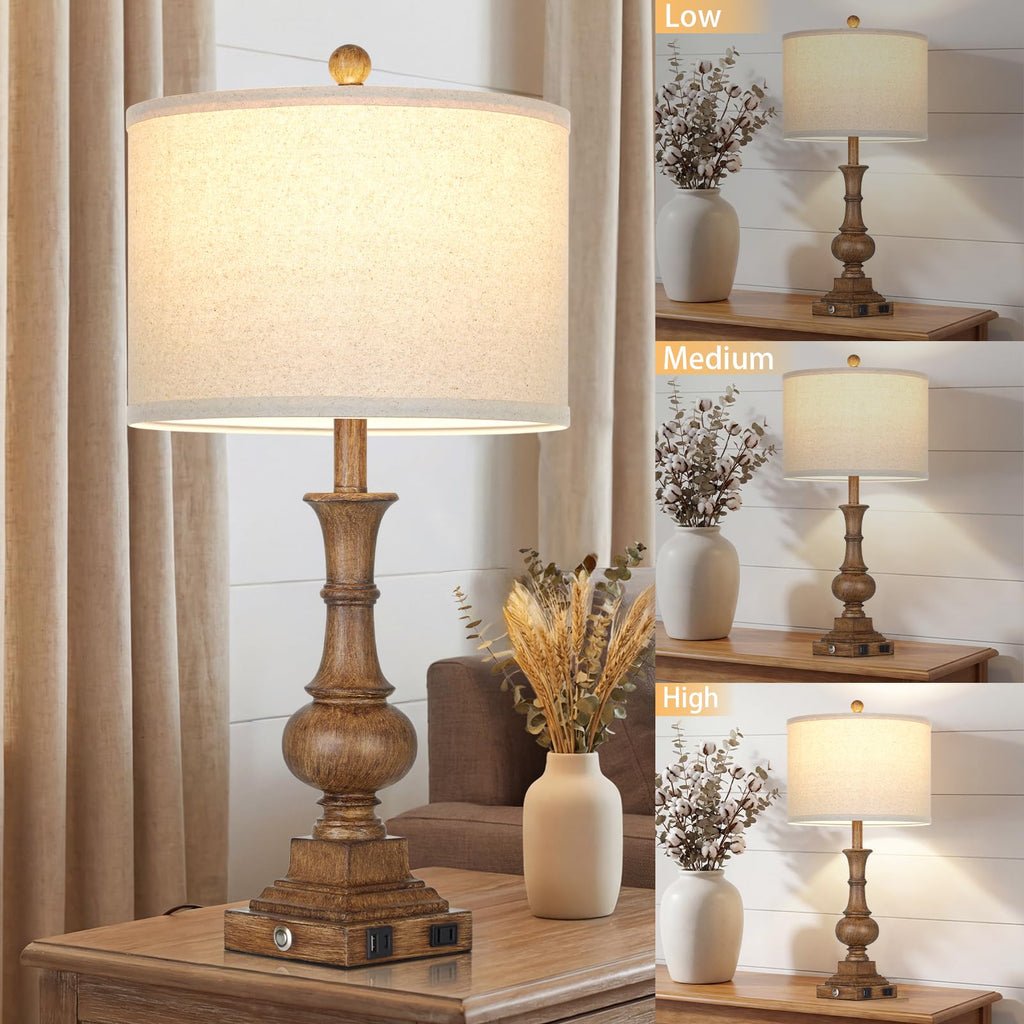 26" Tall Farmhouse Rustic Table Lamps Set of 2, Vintage Retro Nightstand Table Lamp with USB C+A Charging Ports & AC