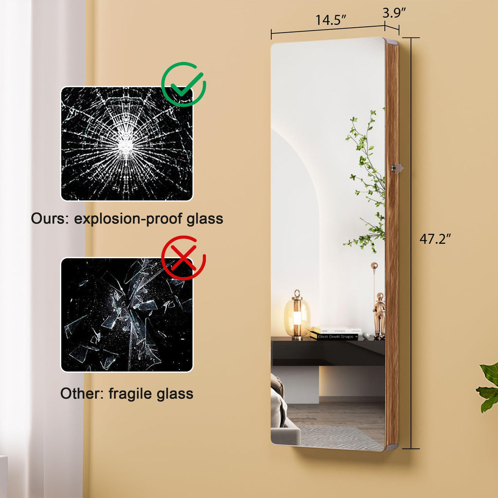 Over the Door Jewelry Organizer with LED Lights, 47.2" Full Length Mirror with Storage, Wall Mounted Jewelry Armoire