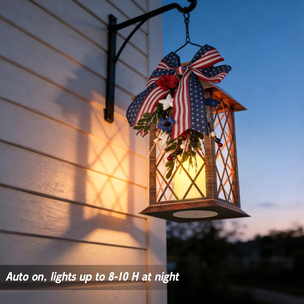 4th of July Solar Lanterns Outdoor Waterproof, Patriotic Hanging Lantern with Flickering LED Candle, 13" Independence
