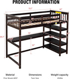 Wood Loft Bed with Desk and Shelves : Twin Bed with Storage Shelves and Under-Bed Desk, Twin Loft Bed, Espresso Color