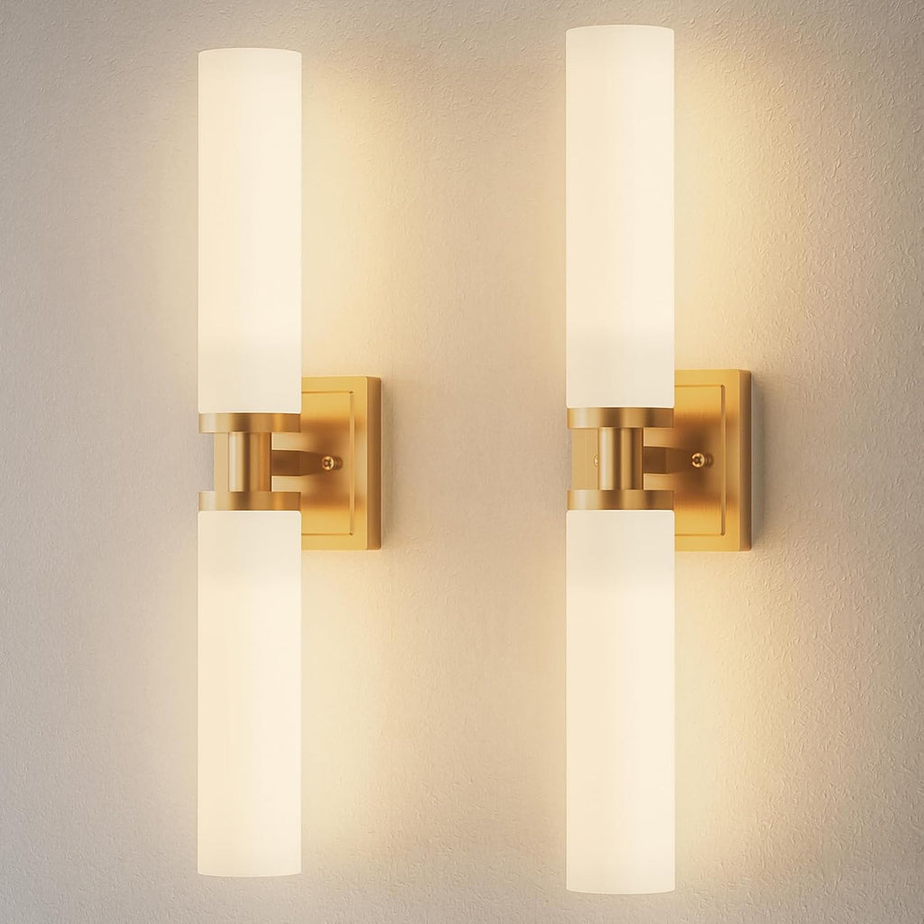 Gold Wall Sconces Set of Two, Bathroom Sconces with Frosted Glass Shade, Modern Vanity Sconces Lighting over Mirror