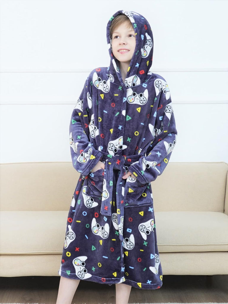Boys Soft Hooded Bathrobe Kids Warm Gamer Fleece Robe Sleepwear