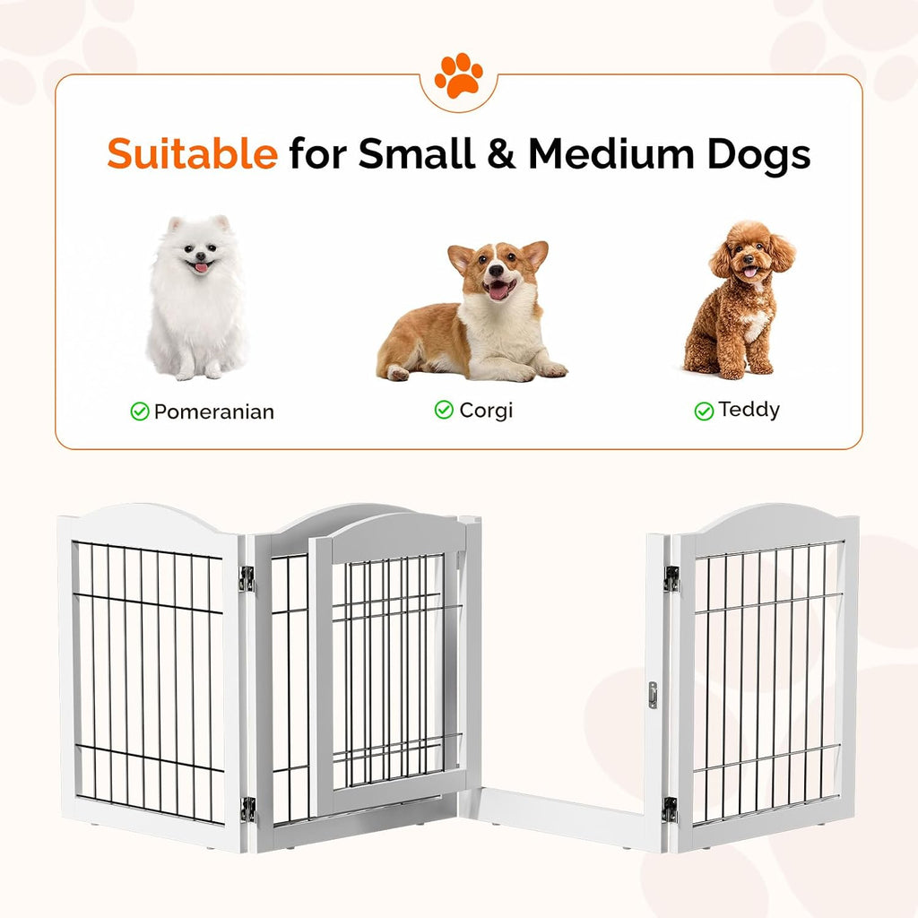 Freestanding Dog Gate, 24" H Pet Gate with 4 Panel Walk Through Door, Foldable Dog Safety Fence for Stairs Doorways