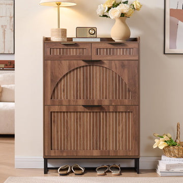 Fluted Shoe Cabinet Storage - Narrow Shoe Rack with 2 Flip Drawers & 2 Storage Drawers, Freestanding Hidden Shoe