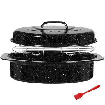 13"Enamel Roasting Pan with Lid and Rack Small Oval Roaster Pan Set, Deepen Design Deep Baking Pan for Sourdough