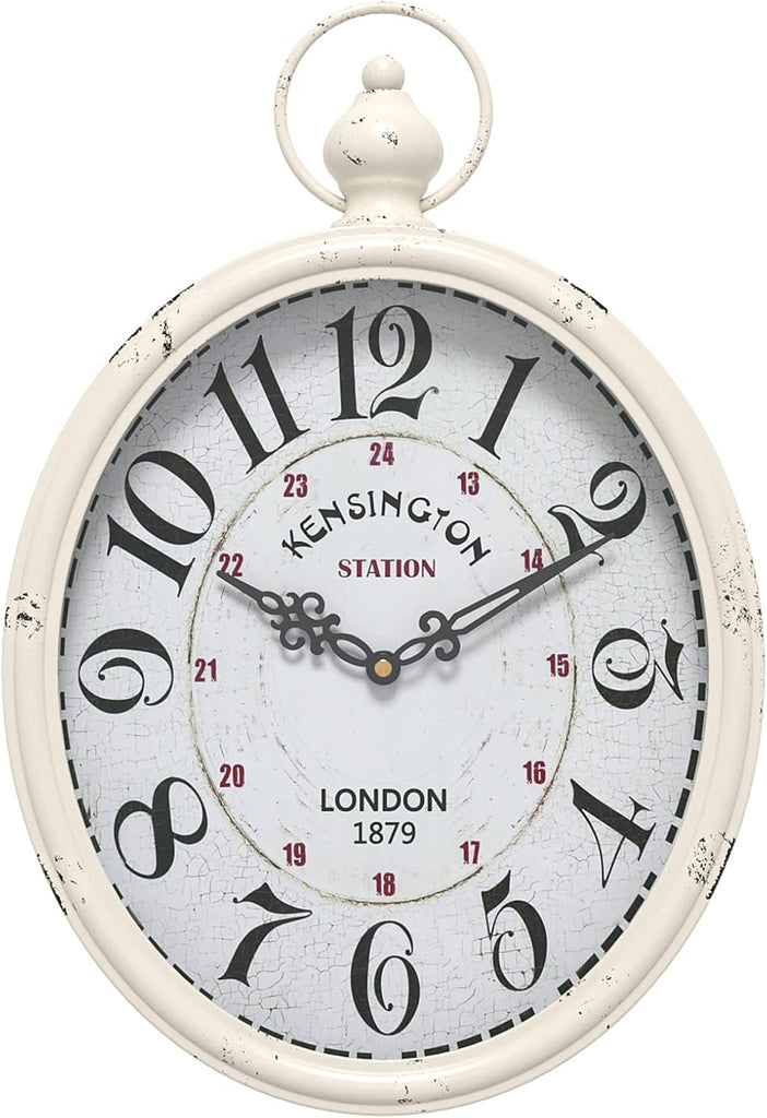 Menterry Oval Retro Wall Clock, Rustic Vintage Style, White Antique Design