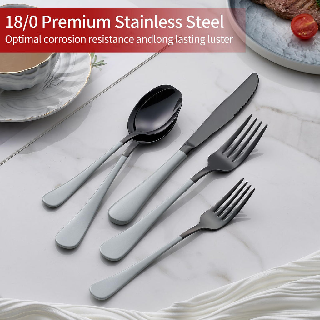 20-Piece Black Silverware Set 18/0 Stainless Steel Flatware Gray Handle Cutlery Set Service for 4 Dinner Knives Forks