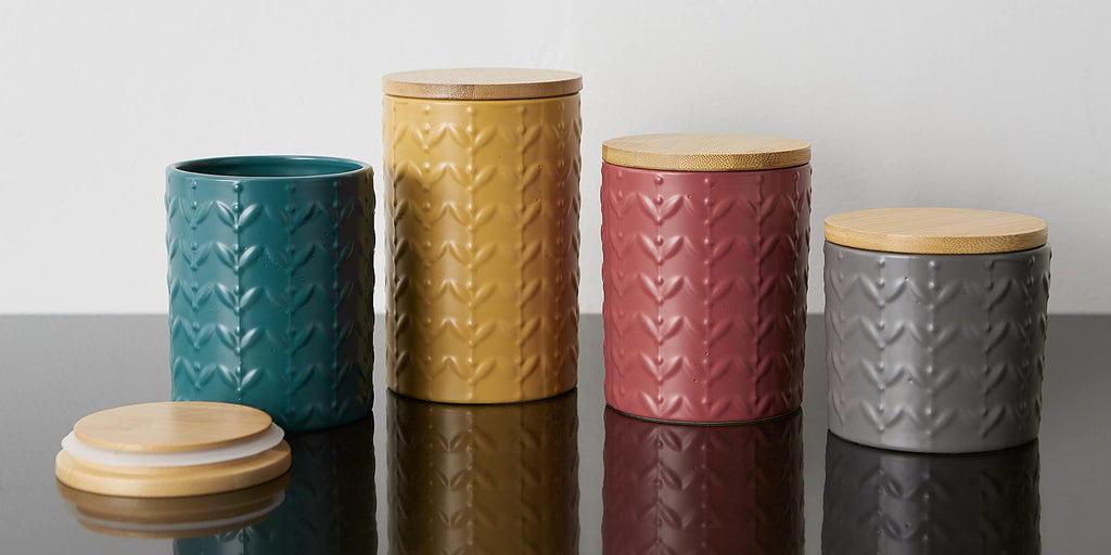 Kitchen Accessories Collection, Textured Matte Ceramic Canister Set, Barn Red, Vine, 3 Piece