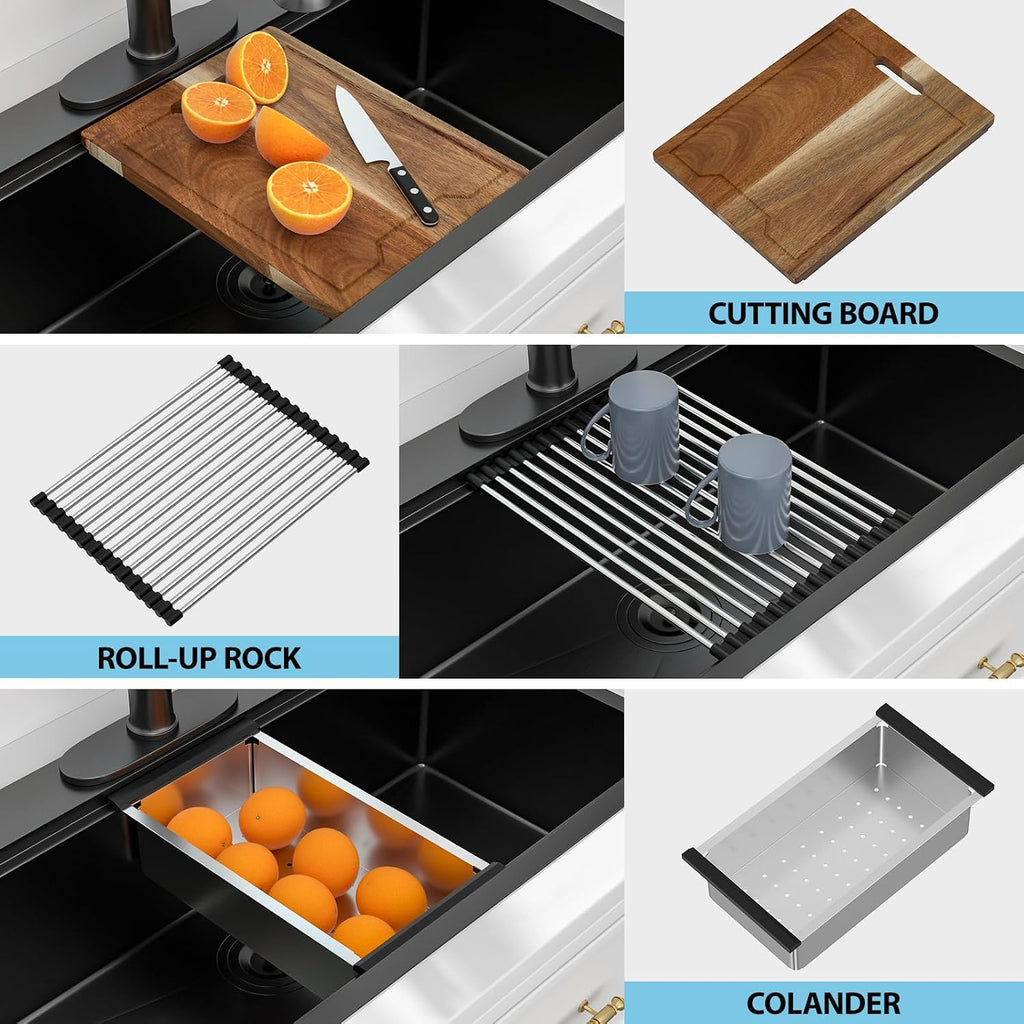 33 Black Drop Sink Workstation 33x19 Black Kitchen Sink | Workstation Drop Sink Black Stainless Steel Topmount 16