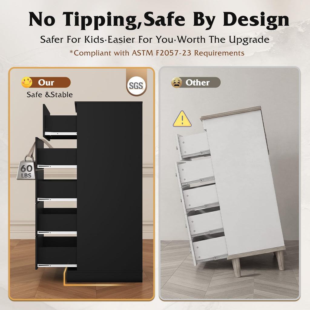 Black 5 Drawer Tall with SGS-Tested Anti-Tip