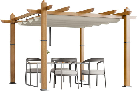 10x10 Ft Outdoor Retractable Pergola Aluminium Pergola Canopy with Adjustable Roof, Upgraded Faux Wood Grain Modern Metal Patio Gazebo for Deck, Backyard Garden, Porch, Grape Trellis, Beige