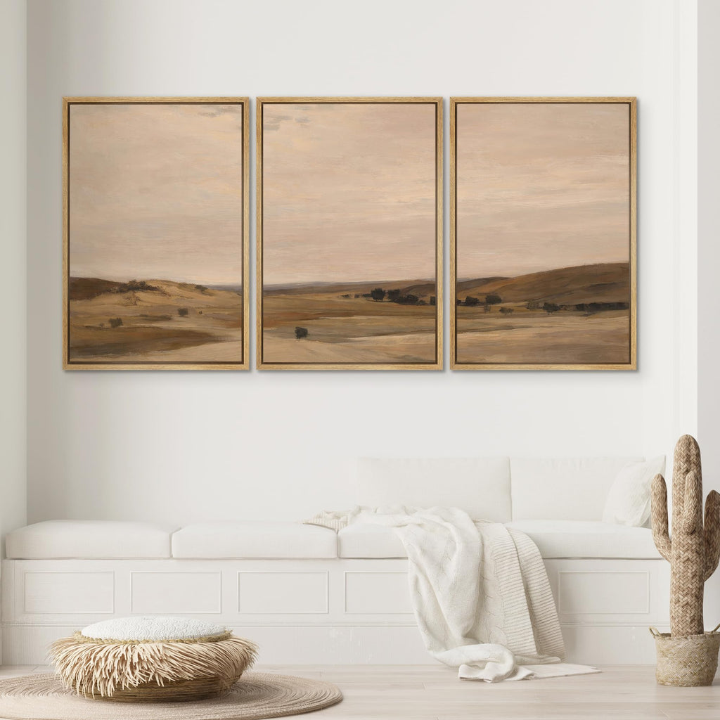 Framed Canvas Print Wall Art Set Warm Desert Plains Neutral Brown & Beige Vintage Landscape Illustrations Modern Art