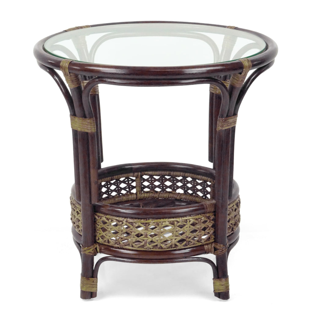 Pelangi Coffee Round Table Dark Brown Color Handmade ECO Natural Rattan Wicker with Glass Top