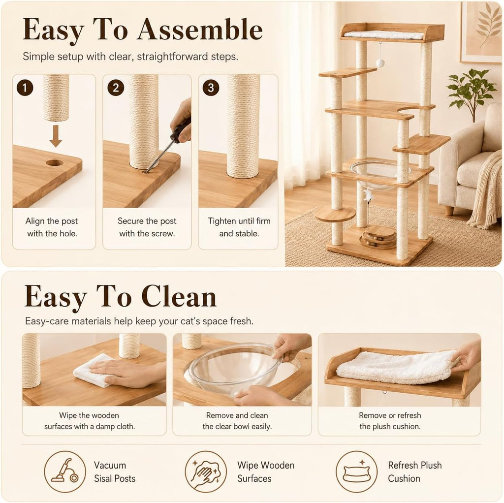 56in Wooden Cat Tree for Large Cats, Tall Sturdy Cat Tower