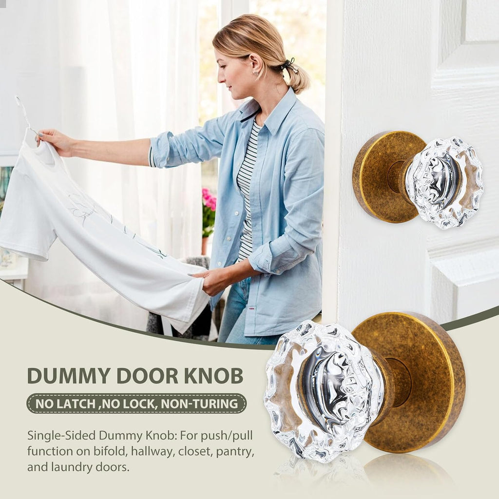 Glass Crystal Decorative Door Knobs (2 Pack, Aged Brass, Dummy)