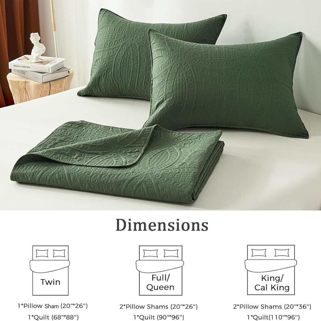 Queen Quilt Bedding Set,Olive Green Ultrasonic Full/Queen Quilt Set,Lightweight Soft Bedspread Coverlet,Modern Style
