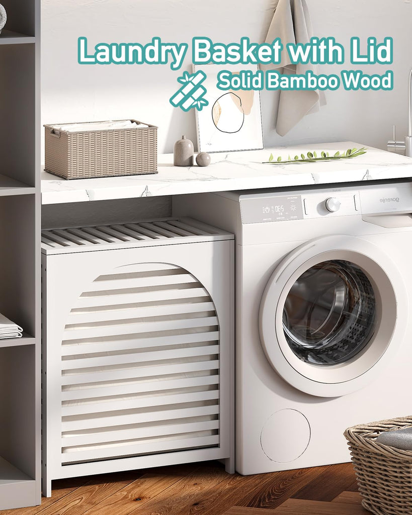 White Laundry Hamper, Laundry Hamper with Lid, 27.3 Gallon (103L) Bamboo Wood Clothes Laundry Basket with Lid and