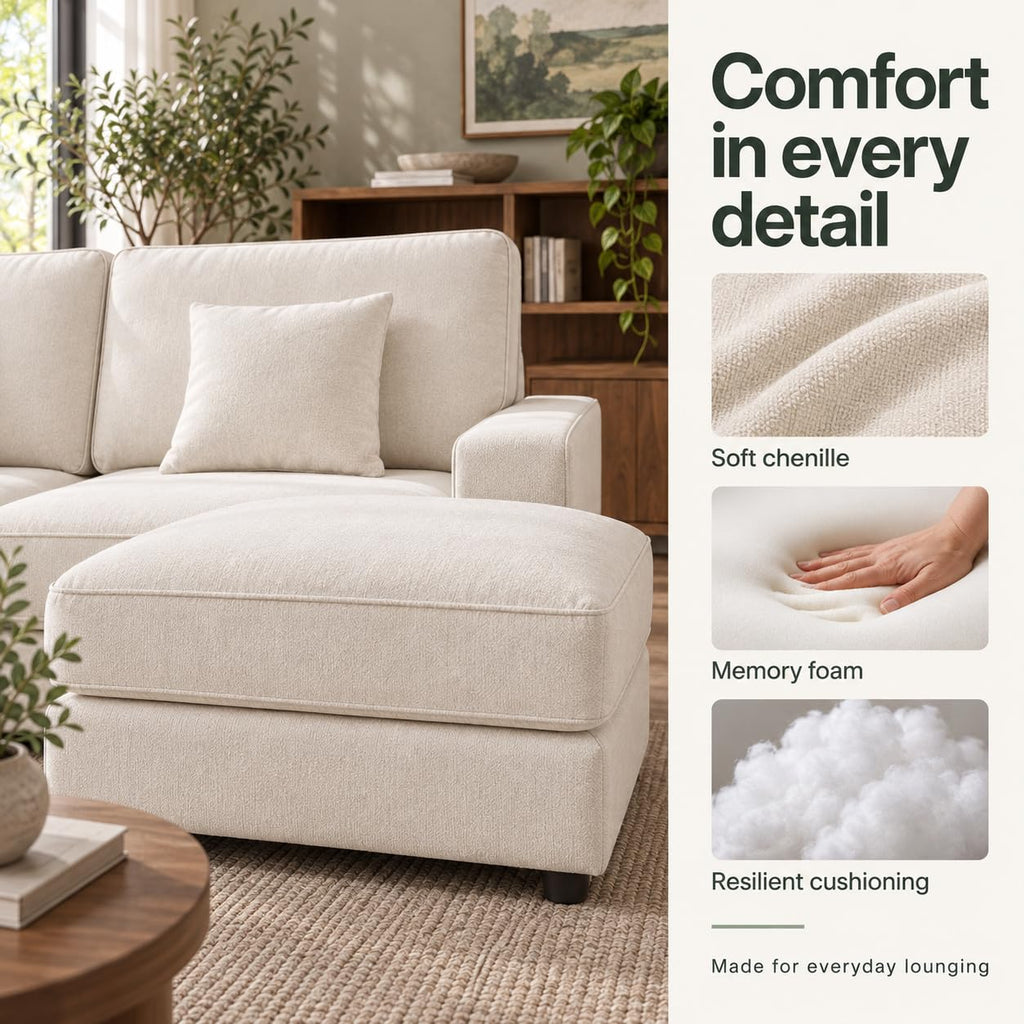 115" L-Shaped Modular Sectional Sofa, Oversized Deep Seat with Movable Ottoman, Chenille Upholstery, Side Pocket & 4
