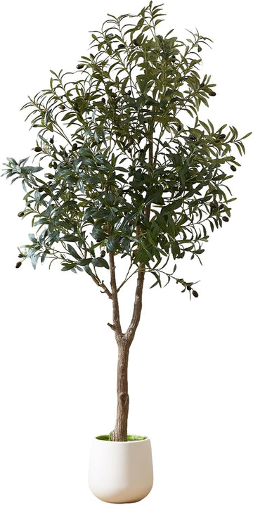 6ft Artificial Olive Tree Indoor with Modern Weighted Planter, Realistic Faux Olive Tree with Wood Trunks, Lifelike