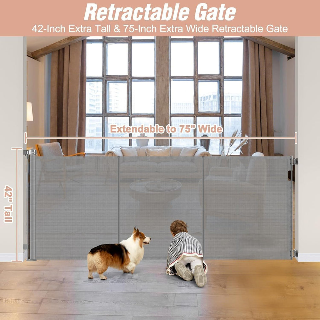 Reinforced 42" Tall Pet Gate 75" Wide Retractable Baby Gates Indoor/Outdoor