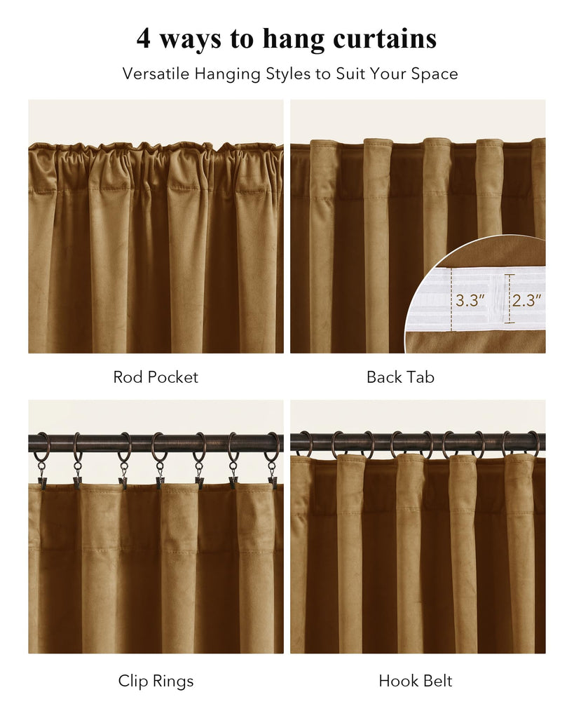 Gold Brown Velvet Curtains Boho, W52 x L84, 2 Panels
