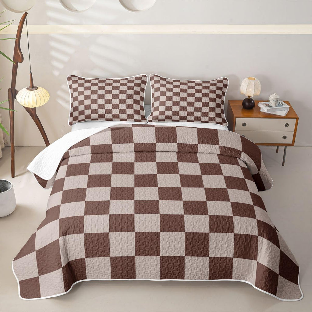 Brown Khaki Plaid Quilted Bedspread Set, Gingham Microfiber Lightweight, Retro Neutral Checkerboard Geometric