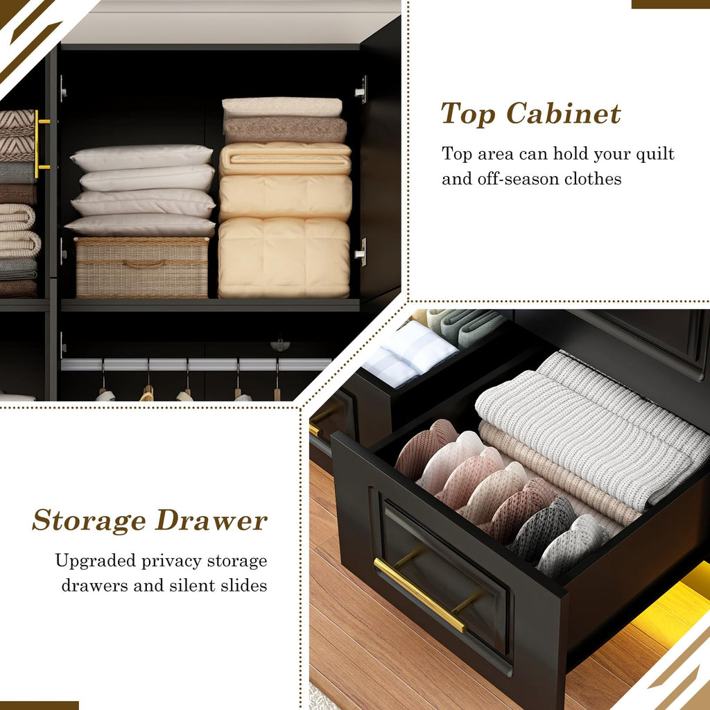 Large Armoire Wardrobe Closet Cabinet with Drawers and LED Lights, Multi-Tier Shelves, Hanging Rod, Large Capacity