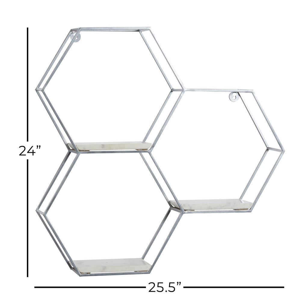 Metal Geometric Wall Shelf Hexagon with 3 Marble Shelves, 26" x 5" x 24", Silver
