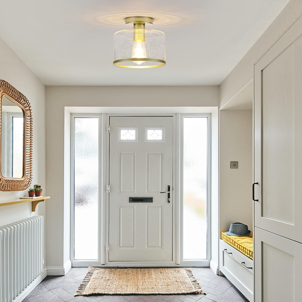 Modern Flush Mount Ceiling Light, Seeded Glass Ceiling Light Fixture, Gold Light Fixture