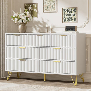 Fluted Dresser, White 7 Drawer Dresser with Gold Handles and Wide Drawers, Wood Chest of Drawers
