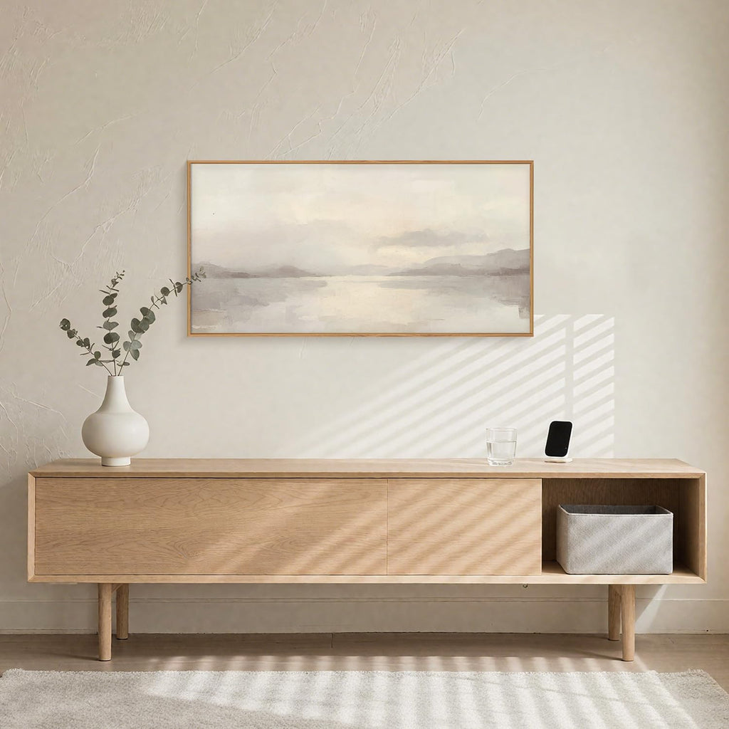 Large Abstract Neutral Beige Pastel Framed Canvas Wall Art, Modern Watercolor Lakes Wall Decor, Nature Mountain
