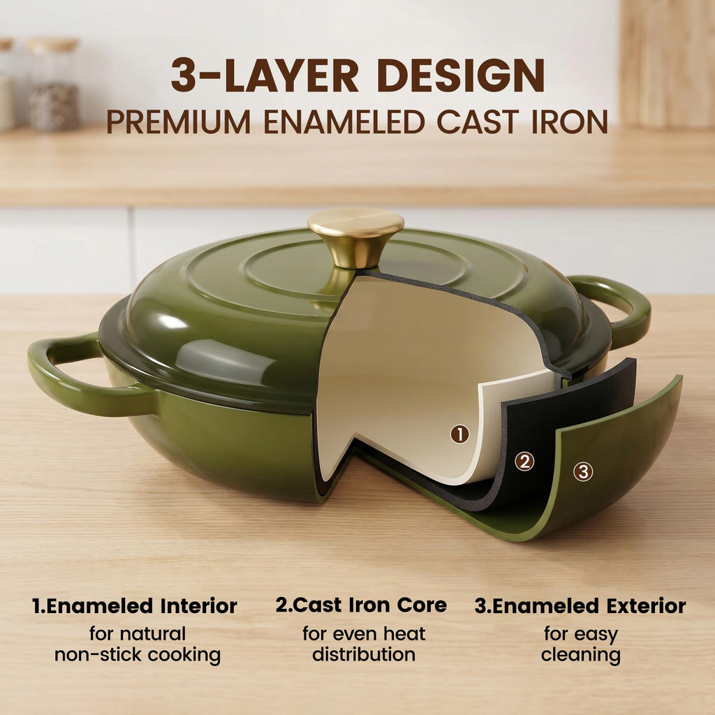 Vintage Style 3 Quart Enameled Cast Iron Braiser, Non Stick Enameled Cast Iron Skillet with Lid, Dutch Oven Skillet