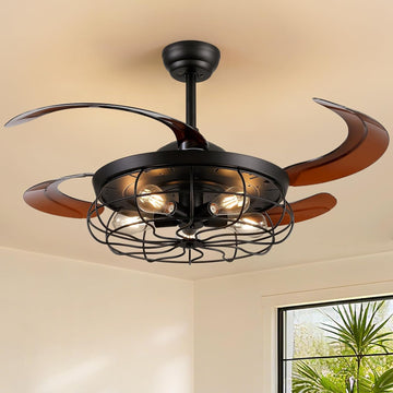 48" Industrial Caged Ceiling Fan with Light and Remote, Vintage Retractable Blades Ceiling Fan with Lights, Farmhouse
