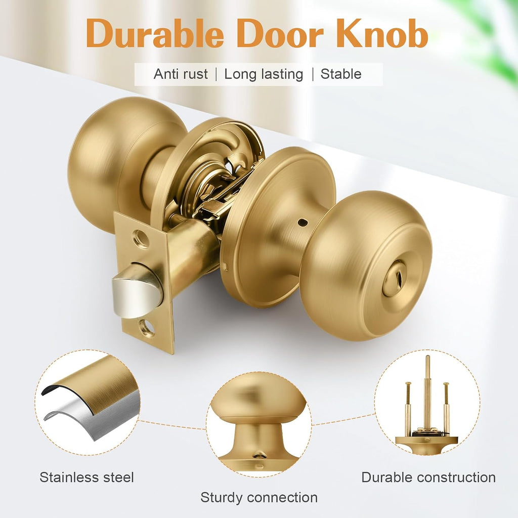 Champagne Bronze Door Knobs Bathroom, Interior Door Knob with Round Ball, Champagne Privacy Door Knob, 6 Pack
