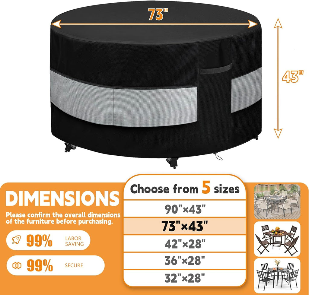Round Patio Bar Height Table and Chair Cover Black Grey 73 x 43 Inch | Waterproof Up to 10000pa Outdoor Round