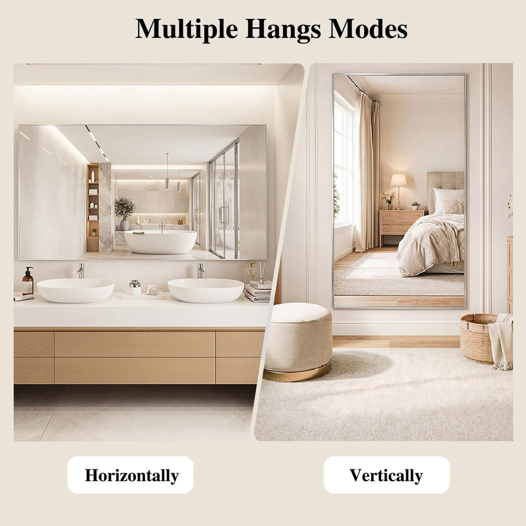 Silver Rectangle Wall Mirror, 30x48 Inch Bathroom Mirror, Aluminum Frame Vanity Mirror Bathroom, Hangs Horizontally