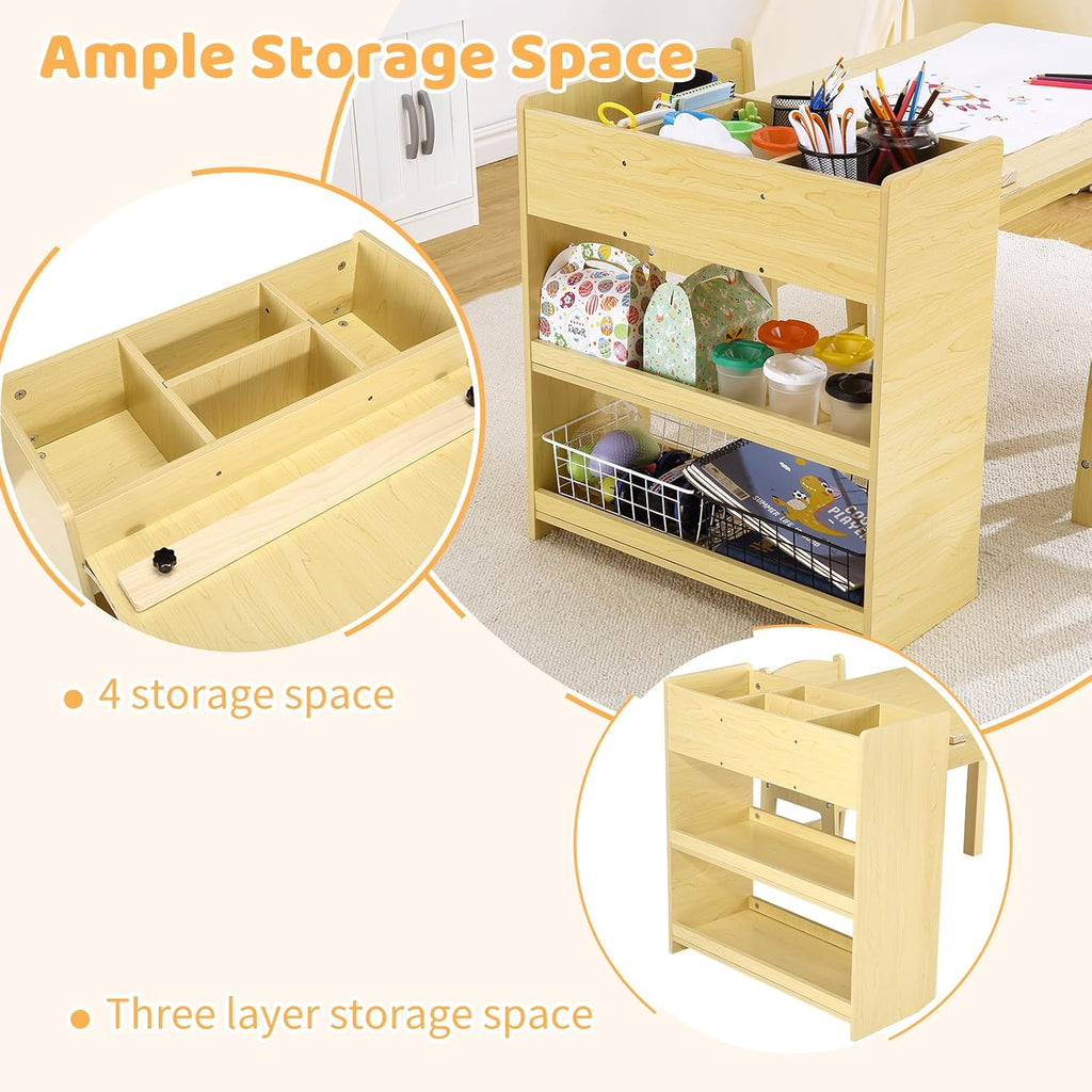 Versatile Kids Art Table with 2 Chairs, MDF Craft Play Desk with Large Storage & Paper Roller, Adjustable Activity