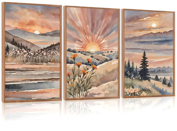 Boho Sun Canvas Wall Art Set, Sunrise and Sunset Mountain Wall Decor, Watercolor Mountains Landscape Art Prints