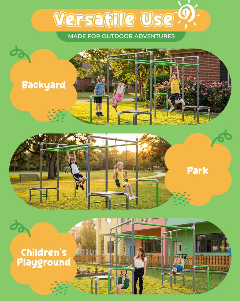 Outdoor Jungle Gym with Monkey Bars Frame, Climbing Set, Trapeze Swing Bar, Belt Swing, Kids Gymnastics Bars