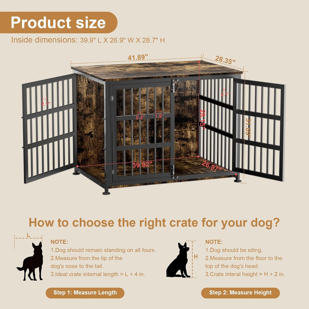 42" Furniture Style Large Dog Crate with Wheels, Metal Chew-Resistant Dog Kennel Indoor for Large & Medium Dogs