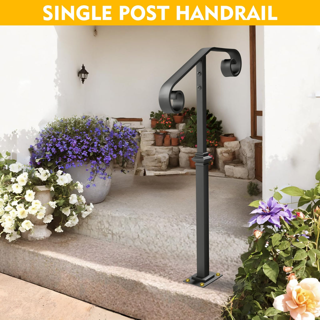 Single Post Handrail, 1 or 2 Steps Handrails for Outdoor Steps, Rust-Proof Wrought Iron Stair Railing for Seniors